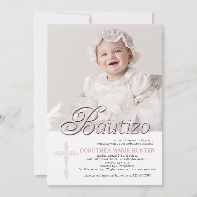 Bautizo Word Pink Photo Invitation (Devant)