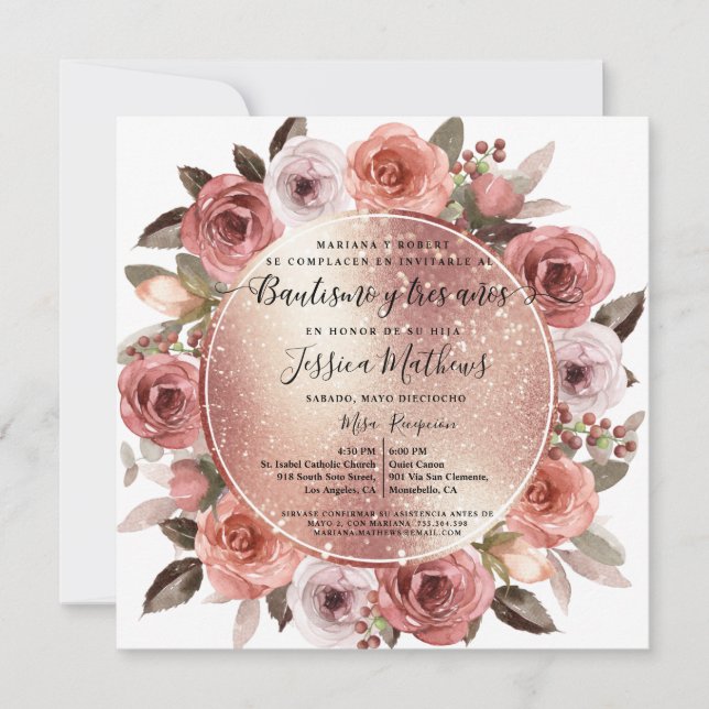 Bautizo y Tres Años Blush Rose Gold Glitzer Einladung (Vorderseite)