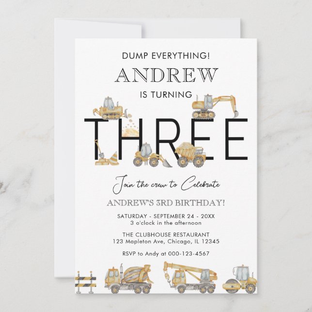 Bauwagen 3. Geburtstag Party Einladung (Vorderseite)