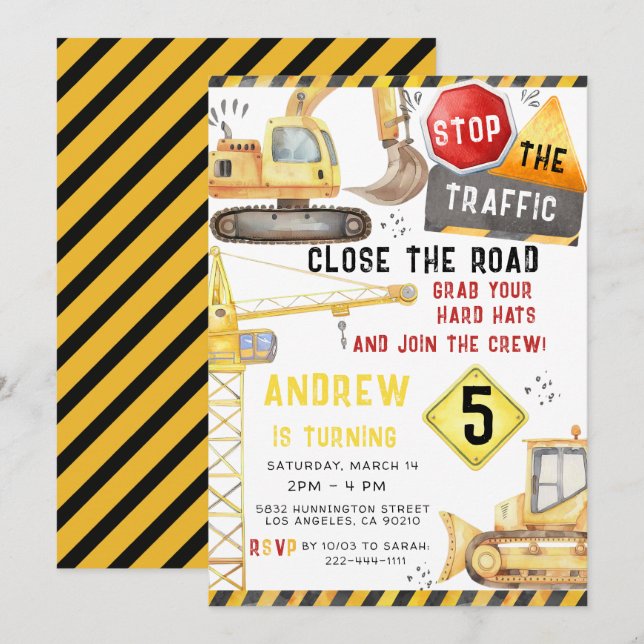 Bauwagen Bagger Bulldozer Geburtstag Einladung (Vorne/Hinten)