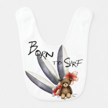 Bavoir blanc "Born to surf", nounours et fleurs