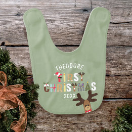 Bavoir Green First Christmas Reindeer Holiday Baby Bib