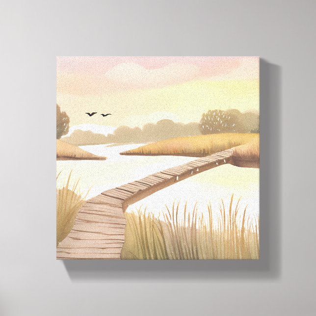 Bay Boardwalk | Airy Coastal Aquarellmalerei Leinwanddruck (Vorderseite)