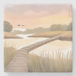 Bay Boardwalk | Airy Coastal Watercolor Painting Steinuntersetzer