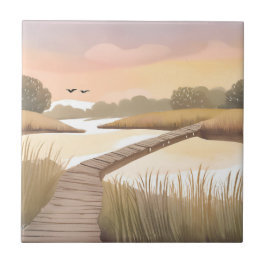 Bay Boardwalk | Luftige Küsten-Wasserfarbenmalerei Fliese
