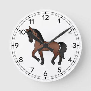 Bay Brown Niedlicher Cartoon Trotting Horse Runde Wanduhr