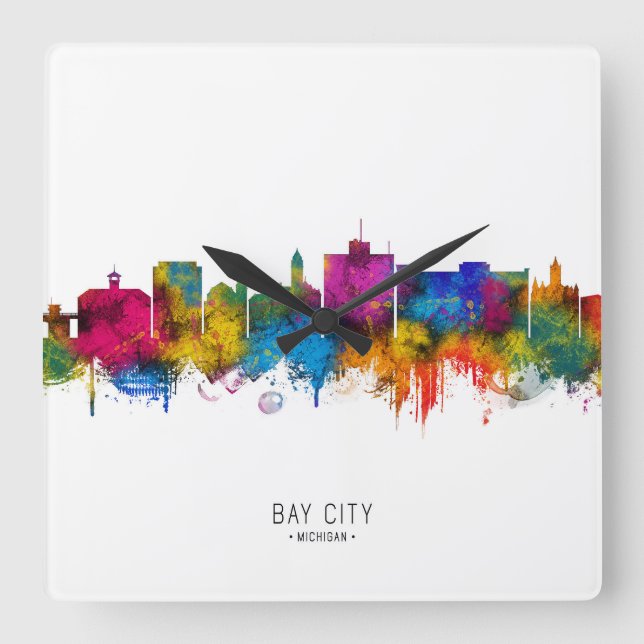 Bay City Michigan Skyline Quadratische Wanduhr (Vorderseite)