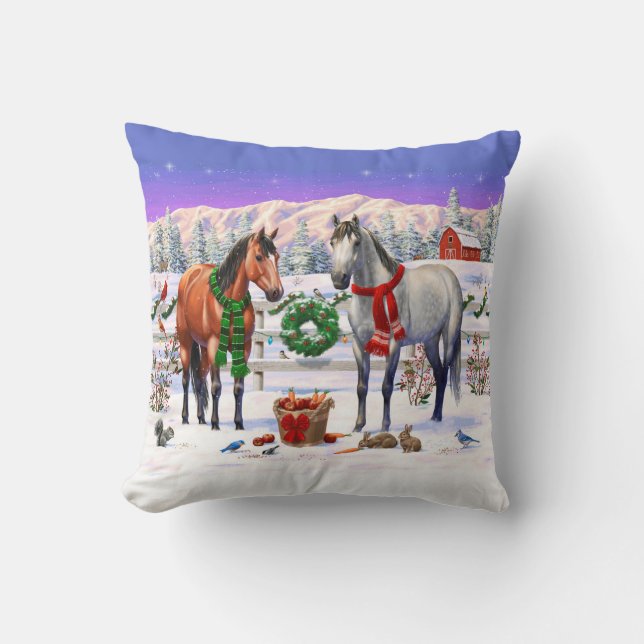 Bay & Dapple Gray Pferde in Schnee Weihnachtsfarm Kissen (Vorderseite)