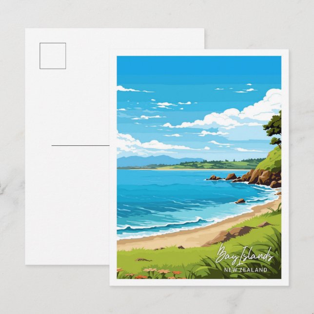 Bay Islands Neuseeland Reiseillustrierung Postkarte (Vorne/Hinten)