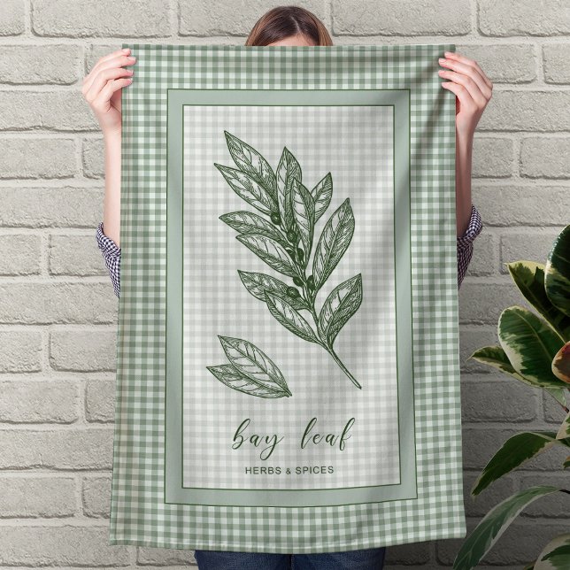 Bay Leaf Herb Kitchen Towel – Green Gingham Border Geschirrtuch (Bay Leaf Herb Kitchen Towel – Green Gingham Border)