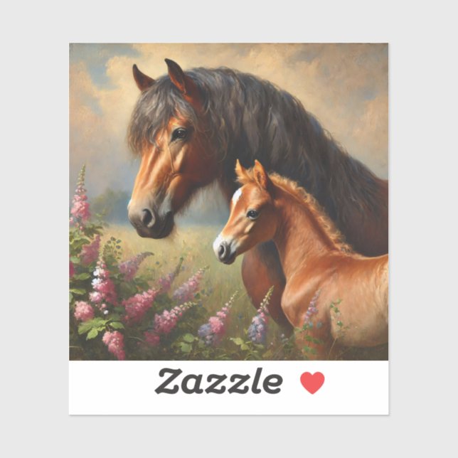 Bay Mare mit Foal-Wildblumen Aufkleber (Blatt)