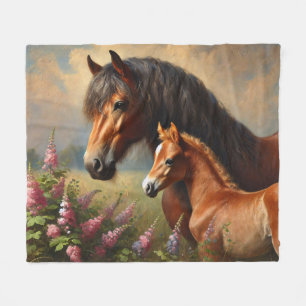 Bay Mare mit Foal-Wildblumen Fleecedecke