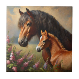 Bay Mare mit Foal-Wildblumen Fliese