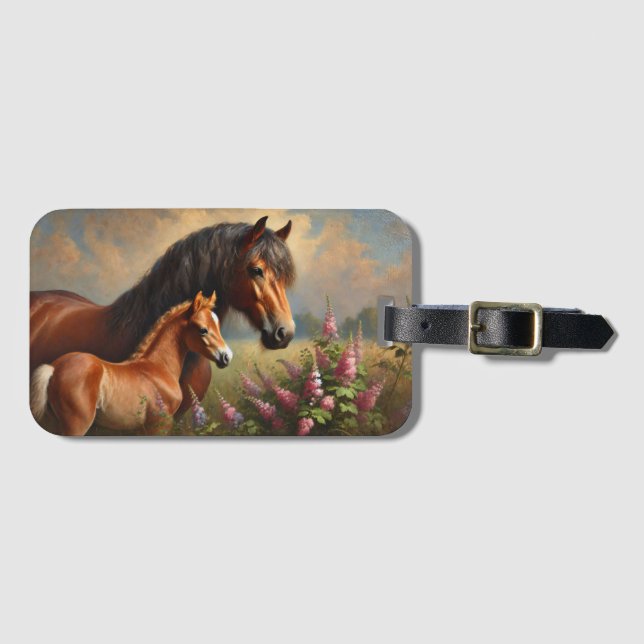 Bay Mare mit Foal-Wildblumen Gepäckanhänger (Vorderseite (Horizontal))