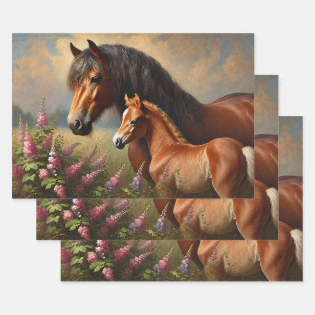 Bay Mare mit Foal-Wildblumen Geschenkpapier Set (Set)