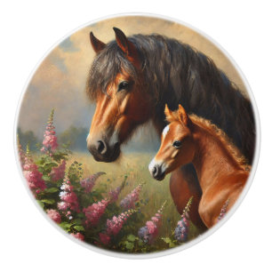 Bay Mare mit Foal-Wildblumen Keramikknauf