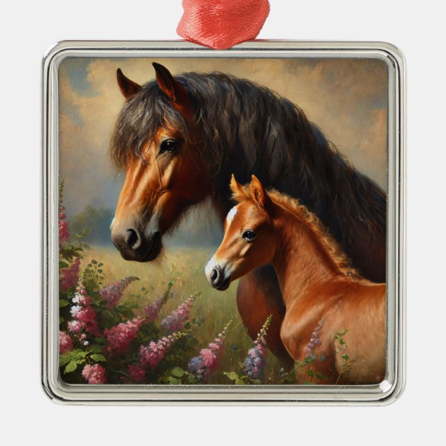 Bay Mare mit Foal-Wildblumen Ornament Aus Metall (Vorne)