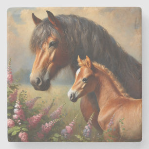Bay Mare mit Foal-Wildblumen Steinuntersetzer