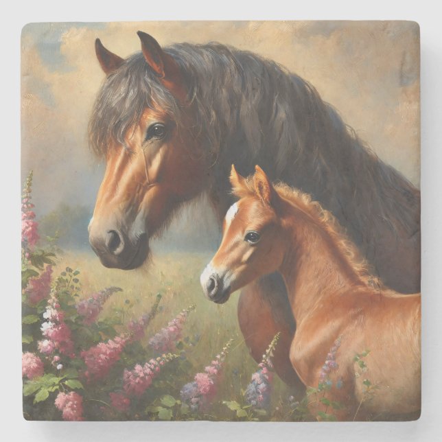 Bay Mare mit Foal-Wildblumen Steinuntersetzer (Vorderseite)