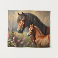 Bay Mare mit Foal-Wildblumen