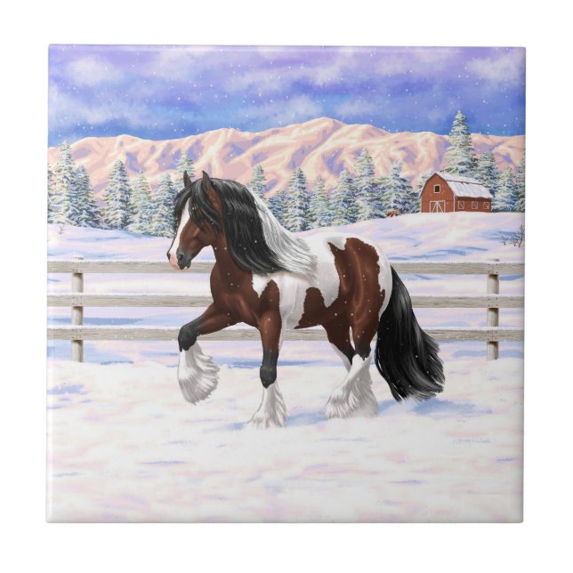 Bay Pinto Brown Skewbald Sinti und Roma Vanner Tin Fliese (Vorderseite)