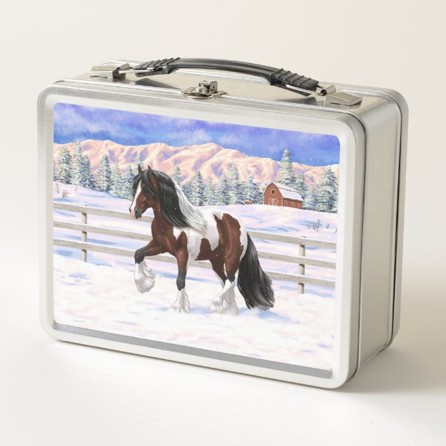 Bay Pinto Brown Skewbald Sinti und Roma Vanner Tin Metall Brotdose (Vorderseite)