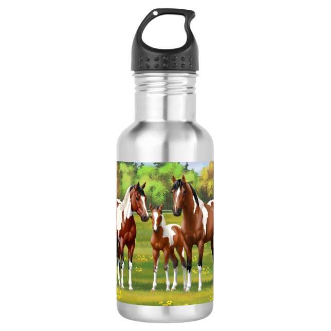 Bay Pinto Paint Quarter Pferde im Sommer Weide Edelstahlflasche (Vorderseite)