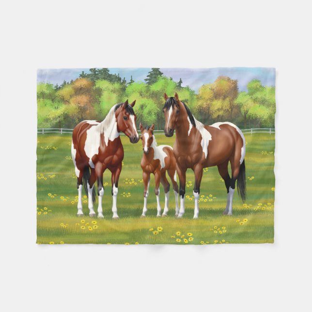 Bay Pinto Paint Quarter Pferde im Sommer Weide Fleecedecke (Vorderseite (Horizontal))