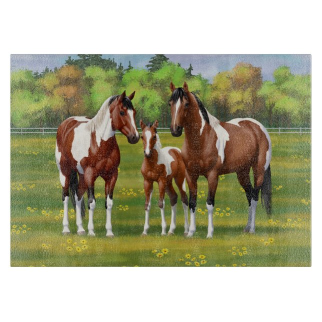 Bay Pinto Paint Quarter Pferde im Sommer Weide Schneidebrett (Vorderseite)