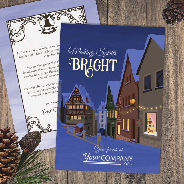 Bayerische Stadt Glühlichtschneedorf Folien Feiertagskarte (Nostalgic Christmas Lights and Snow Company Holiday Greeting Cards Blue Folk Art Old Town)