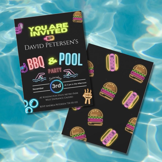 BBQ and Pool Party Neon Birthday Invitation (Créateur téléchargé)