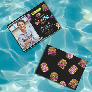 BBQ and Pool Party Neon Photo Birthday Invitation Einladung