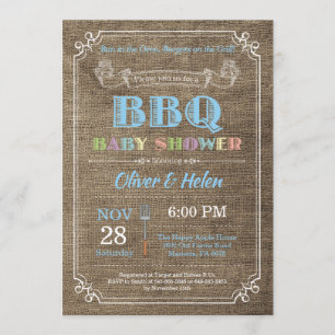 BBQ Baby shower Invitation Burlap Bleu
