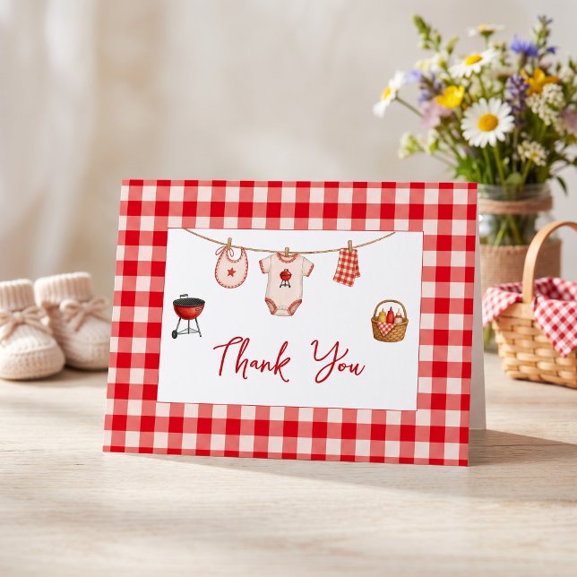 BBQ-Baby-Shower Rustikal Rot Gingham Dankeskarte (Bbq Baby Shower Rustic Red Gingham Thank You Card)