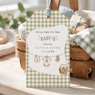 Bbq Baby Shower Sage Gingham Rustic Maßgeschneider Geschenkanhänger
