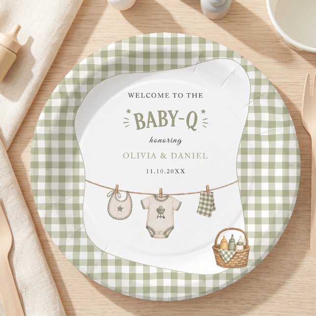 Bbq Baby Shower Sage Gingham Rustic Maßgeschneider Pappteller (Bbq Baby Shower Sage Gingham Rustic Custom Paper Plates)