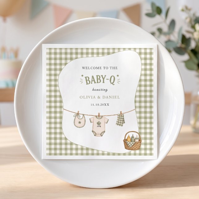 BBQ-Baby-Shower Sage Gingham Rustikal Benutzerdefi Serviette (Bbq Baby Shower Sage Gingham Rustic Custom Napkins)