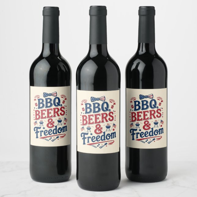 BBQ, Beers & Freedom – Retro 4th of July Vibes Weinetikett (Flaschen)