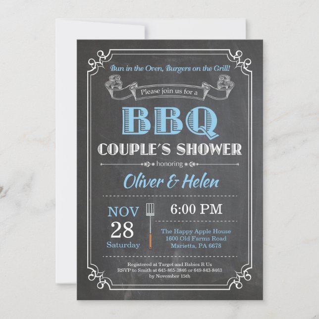BBQ Couples Douche Invitation Chalkboard Bleu (Devant)