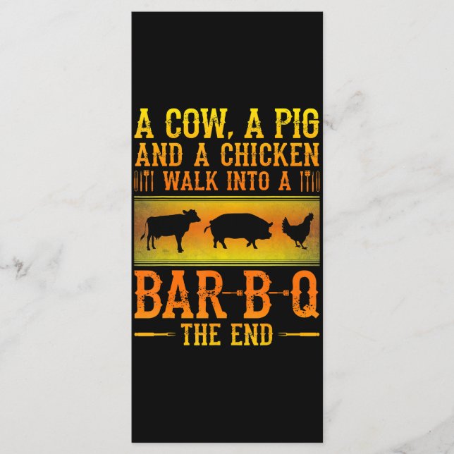BBQ | Eine Kuh, ein Schwein und ein Huhn laufen in Menükarte (Vorderseite)