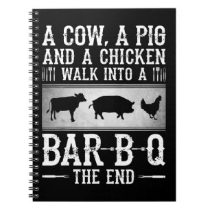 BBQ Eine Kuh, ein Schwein und ein Huhn laufen in Notizblock