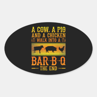 BBQ | Eine Kuh, ein Schwein und ein Huhn laufen in Ovaler Aufkleber