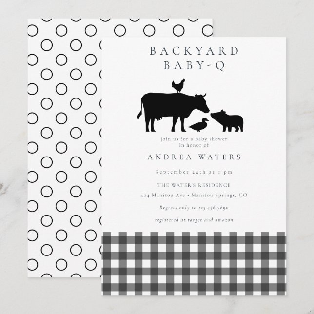 BBQ | Gingham Black | Rustikale Babydusche Einladung (Vorne/Hinten)