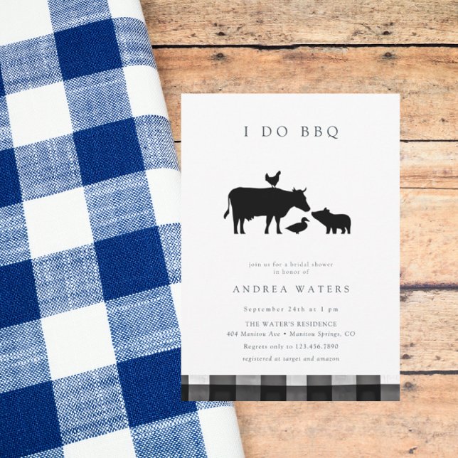 BBQ | Gingham Black | Rustikales Brautparty Einladung (Von Creator hochgeladen)