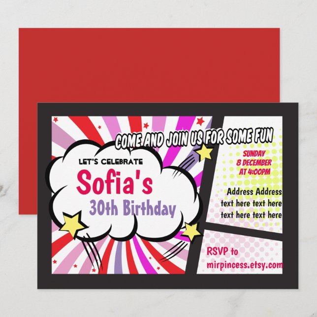 BD, rétro, pop art, invitation d'anniversaire Supe (Devant / Derrière)
