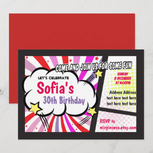 BD, rétro, pop art, invitation d'anniversaire Supe