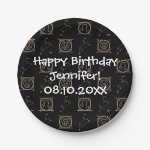 Bday Black & Gold Zodiac Leo Astrologie Star-Zeich Pappteller