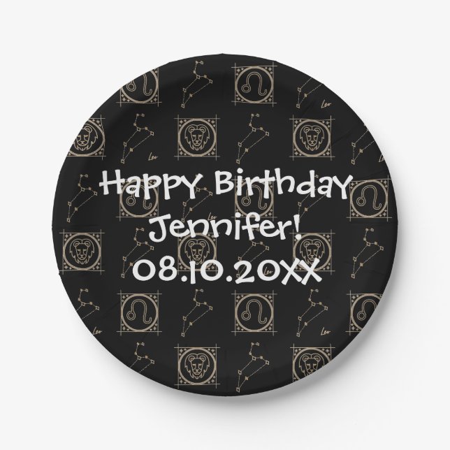Bday Black & Gold Zodiac Leo Astrologie Star-Zeich Pappteller (Vorderseite)