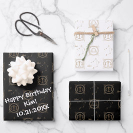 Bday Black & Gold Zodiac Libra Astrologie Sternzei Geschenkpapier Set