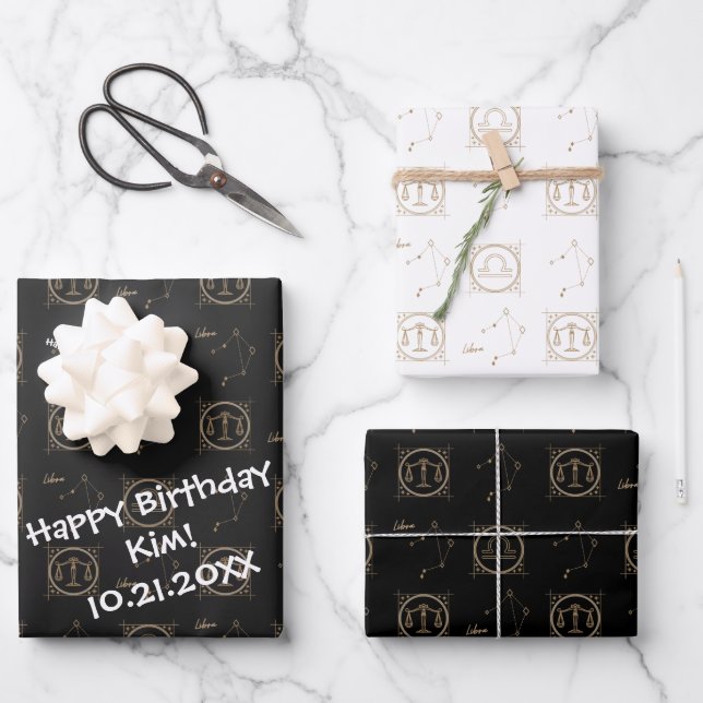 Bday Black & Gold Zodiac Libra Astrologie Sternzei Geschenkpapier Set (Vorderseite)